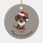 サンタハットクリスマスオーナメントの可愛いダックスシュント セラミックオーナメント (正面)