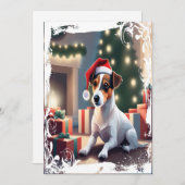 サンタハットクリスマスカードにジャック・ラッセル シーズンカード (正面/裏面)