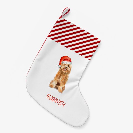 サンタハットクリスマスストッキングとゴールデンドードル スモールクリスマスストッキング (正面 (吊り時))