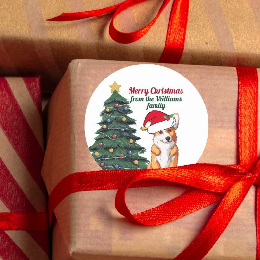 サンタハットクリスマスドッグファミリーギフトのかわいいコルギ ラウンドシール
