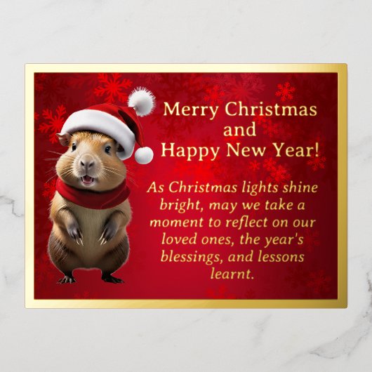 サンタハットクリスマスフォイルのポストカードのキャピバラ 箔シーズンポストカード (正面)