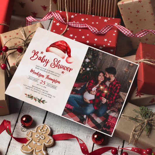 サンタハットクリスマスベビーシャワー写真 招待状
