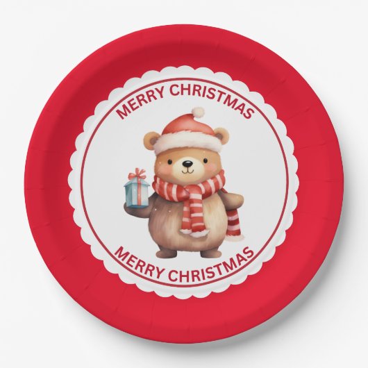 サンタハットクリスマスホリデーに可愛いテディベア ペーパープレート (正面)