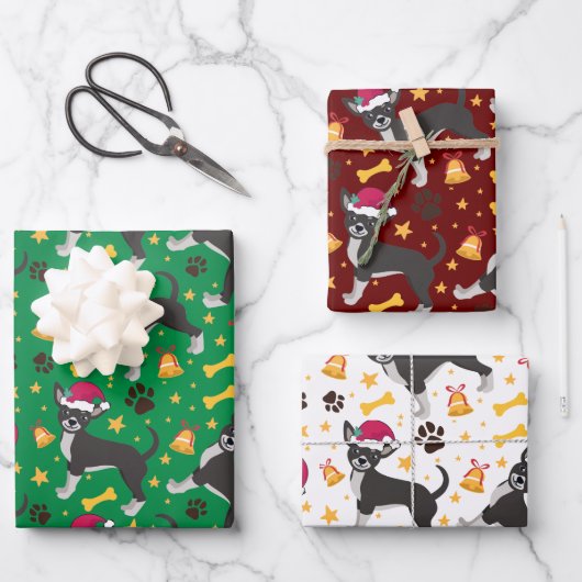 サンタハットクリスマス付きチワホアドッグ ラッピングペーパーシート (正面)
