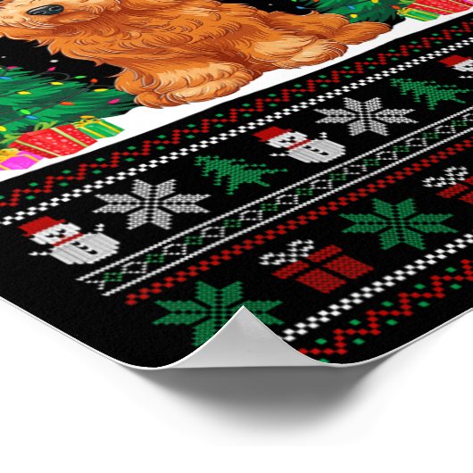 サンタハットゴールデンドルドッグクリスマスツリーが醜いSを点灯 ポスター (角)