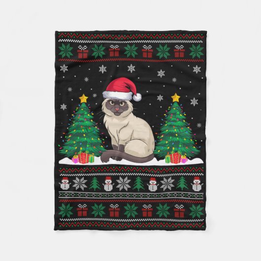 サンタハットサイアミーズキャットクリスマスツリーライト醜いS フリースブランケット (正面)