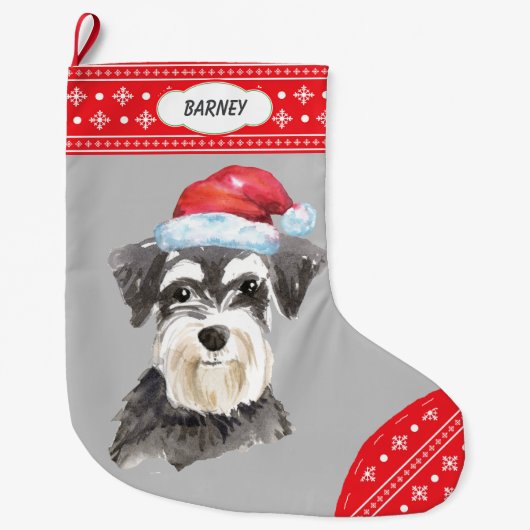 サンタハットシュナウザースノーフ縁どレーク ラージクリスマスストッキング (正面)