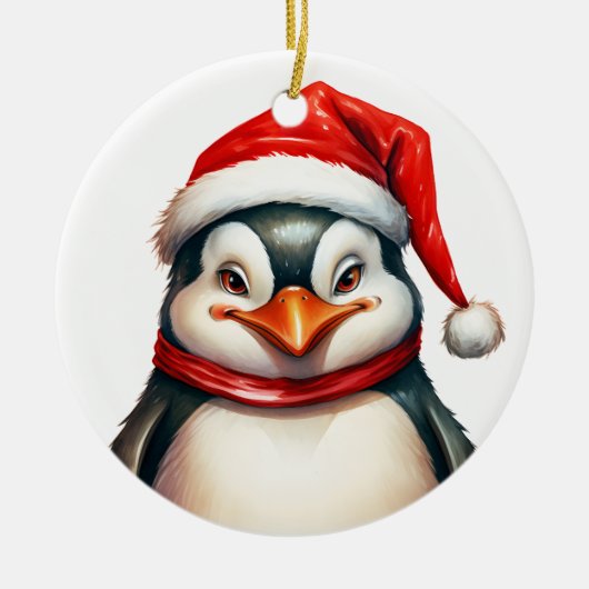 サンタハットスカーフかわいいメリークリスマスペンギン セラミックオーナメント (正面)