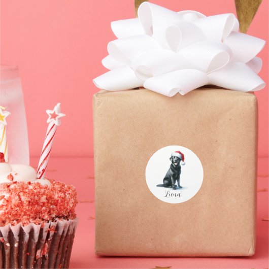 サンタハットステッカーにラブラドールブラックのクリスマスドッグ ラウンドシール (パーティー)