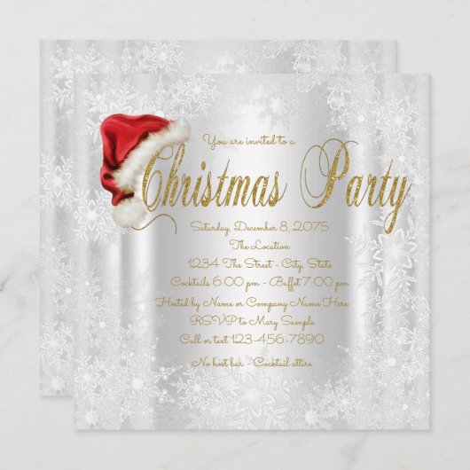サンタハットスノーフレーククリスマスパーティの招待状 招待状 (正面/裏面)