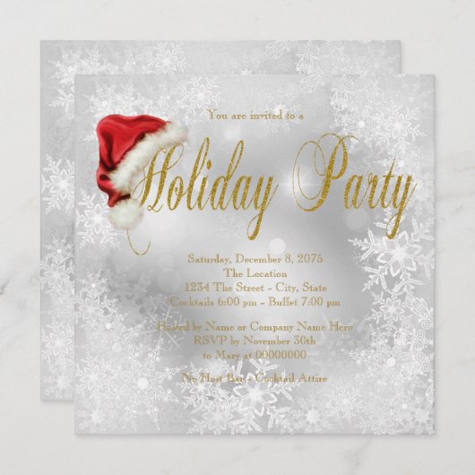 サンタハットスノーフレークホリデーパーティー 招待状 (正面/裏面)