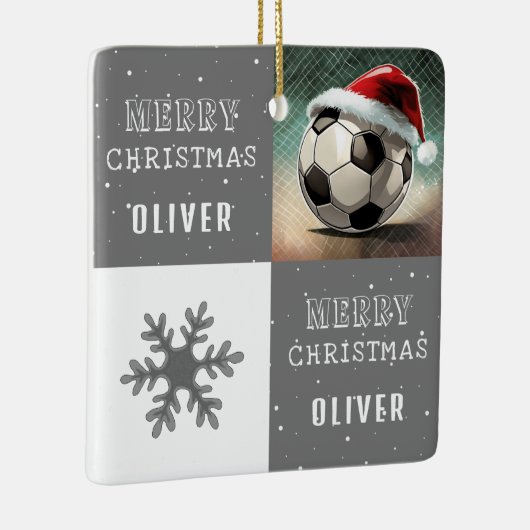 サンタハットスノーフレーク付きサッカーボール セラミックオーナメント (右)