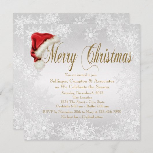 サンタハットスノーフレーク企業のクリスマスパーティー 招待状 (正面/裏面)