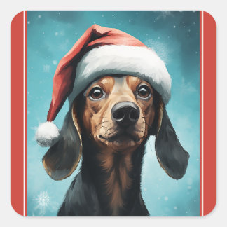 サンタハットダシュントのクリスマスを着たかわいい犬 スクエアシール