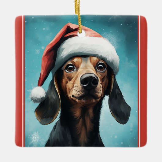 サンタハットダシュントのクリスマスを着たかわいい犬 セラミックオーナメント (正面)