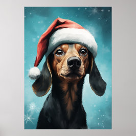 サンタハットダシュントのクリスマスを着たかわいい犬 ポスター