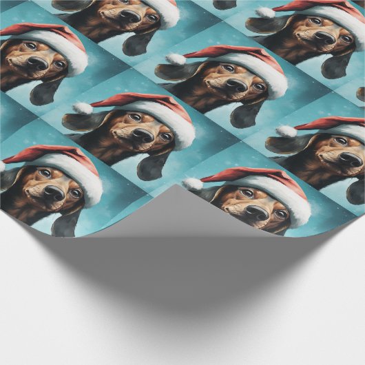 サンタハットダシュントのクリスマスを着たかわいい犬 ラッピングペーパー (角)