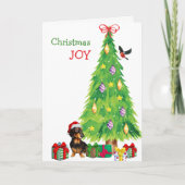 サンタハットダシュント犬とクリスマスツリー シーズンカード (正面)