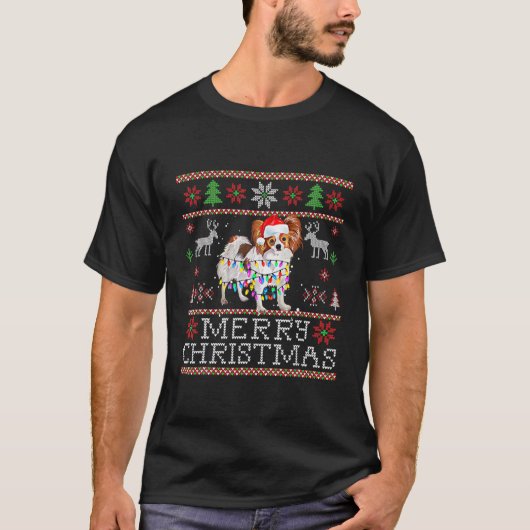 サンタハットドッグクリスマスツリーライツホリデーサンタ Tシャツ (正面)