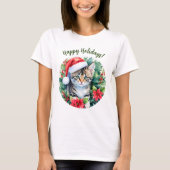 サンタハットハッピーホリデーズクリスマスアートの子猫 Tシャツ (正面)