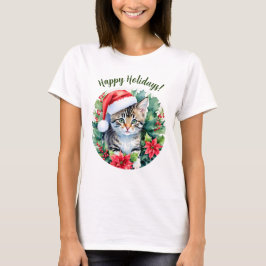 サンタハットハッピーホリデーズクリスマスアートの子猫 Tシャツ