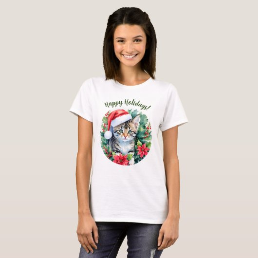 サンタハットハッピーホリデーズクリスマスアートの子猫 Tシャツ (正面フル)