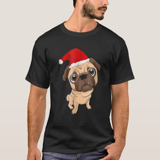 サンタハットパグドッグクリスマスパジャマシャ男性へツ Tシャツ (正面)