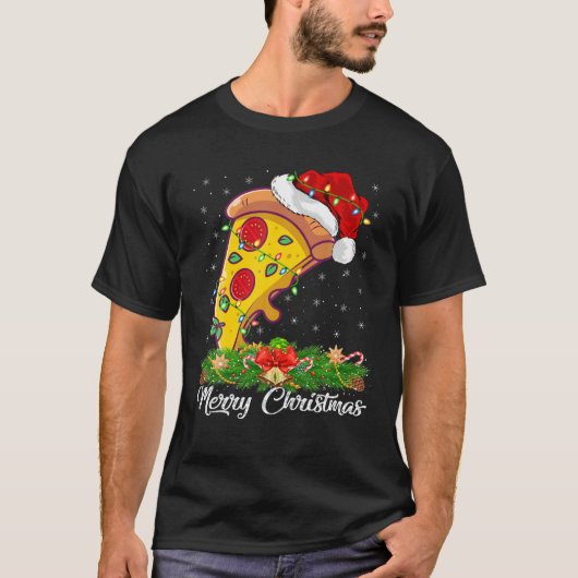 サンタハットピザクリスマに合うピザのお皿好き Tシャツ (正面)
