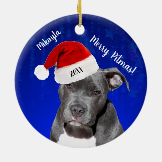 サンタハットピトマスセラミックス付きグレーメリーピットブル セラミックオーナメント (裏面)