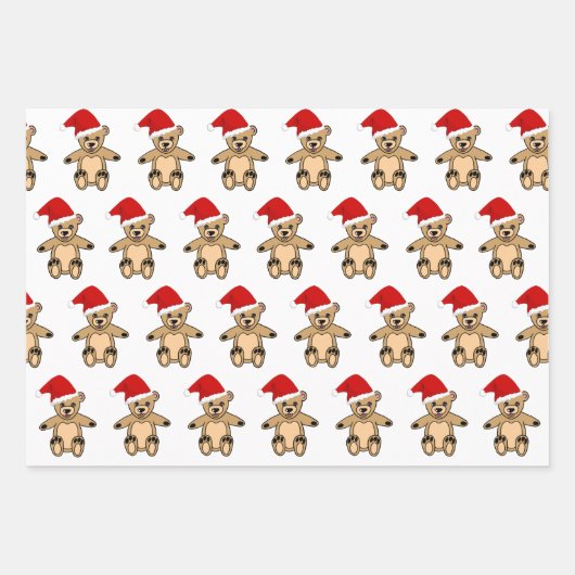 サンタハットピンクのクリスマスを飾ったかわいいテディベア ラッピングペーパーシート (正面3)
