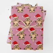 サンタハットピンクのクリスマスを飾ったかわいいテディベア ラッピングペーパーシート (インサイチュ)