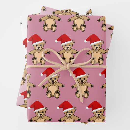 サンタハットピンクのクリスマスを飾ったかわいいテディベア ラッピングペーパーシート (インサイチュ)
