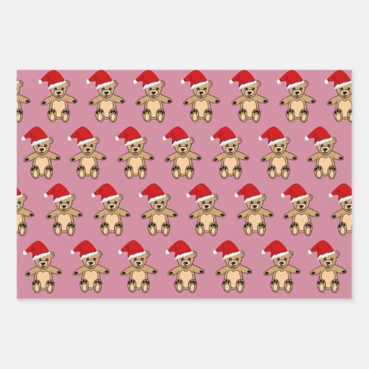 サンタハットピンクのクリスマスを飾ったかわいいテディベア ラッピングペーパーシート (正面)