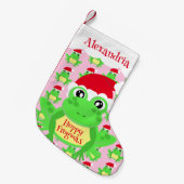 サンタハットピンクカエル漫画のパターン名ノベルティ スモールクリスマスストッキング (正面 (吊り時))