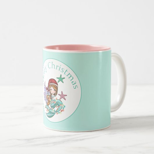サンタハットピンク&ティール（緑がかった色）の可愛いクリスマスマーメイド ツートーンマグカップ (正面右)