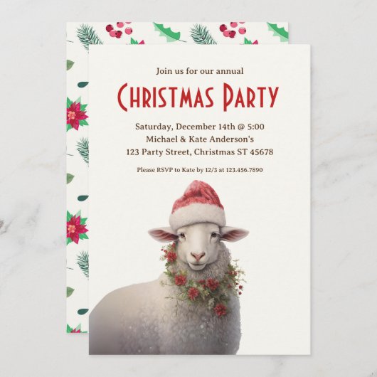 サンタハットファームの羊の動物クリスマスパーティー 招待状 (正面/裏面)