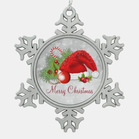 サンタハットフェスティバルクリスマススノーフレークオーナメント スノーフレークピューターオーナメント (正面)