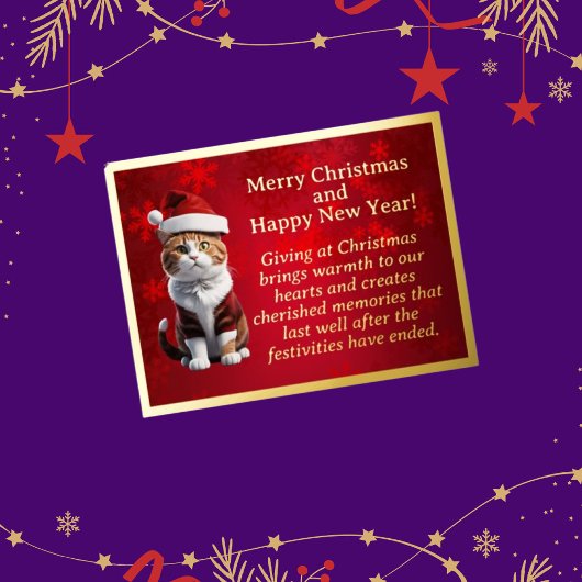 サンタハットフォイルポストカードに入った太い猫 箔シーズンポストカード