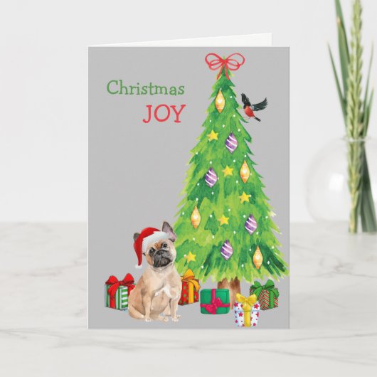 サンタハットフランスのブルドッグとクリスマスツリー シーズンカード (正面)