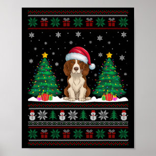 サンタハットブリタニースパニエル犬ドッグクリスマスツリーライトユーグ ポスター