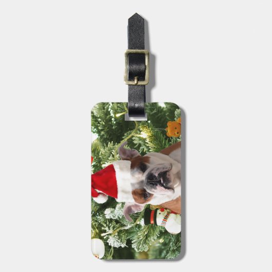 サンタハットブルドクリスマスツリー雪だるまギフトボックス ラゲッジタグ (正面縦)