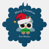 サンタハットブルーの可愛いカスタムクリスマスフクロウ オーナメントカード (正面)