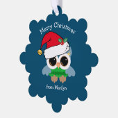 サンタハットブルーの可愛いカスタムクリスマスフクロウ オーナメントカード (左)