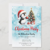 サンタハットブルーの可愛いペンギンフェスティバルクリスマス 招待状 (正面)