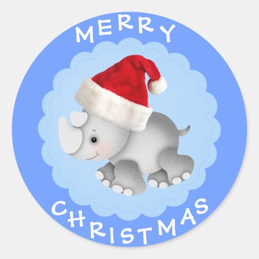 サンタハットブルークリスマスステッカーのかわいいRhino ラウンドシール (正面)