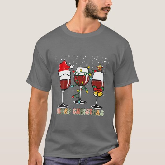 サンタハットプレイドと散らかったクリスマスワイングラス Tシャツ (正面)