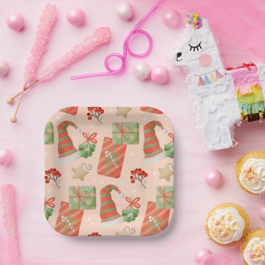 サンタハットプレゼントズバウブルズホリースクエア ペーパープレート (パーティー)