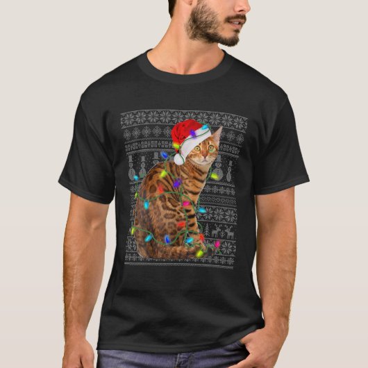 サンタハットベンガル猫クリスマス照明醜いベンガル猫 Tシャツ (正面)
