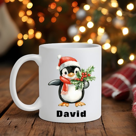 サンタハットペンギンがクリスマスホリーを保持 コーヒーマグカップ