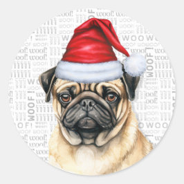 サンタハットホリデーのクリスマスパグドッグ ラウンドシール